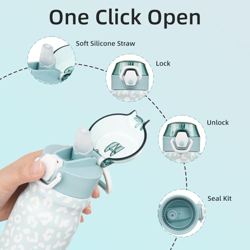 Image of BJPKPK 14 oz Insulated Water Bottle, Straw, Handle, Stainless Steel Flask | Leak Proof Locking Lid, Double Wall Vacuum, Keeps Hot /Cold, BPA Free, Travel & Sports, Light Blue Leopard