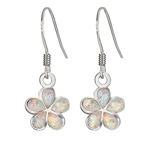 925 Sterling Silver Created Opal Hawaiian Plumeria Flower Dangle Hook Earrings, Nickel Free Hypoallergenic for Sensitive Skin, Rhodium Finished, Gift Box Included - Main Image