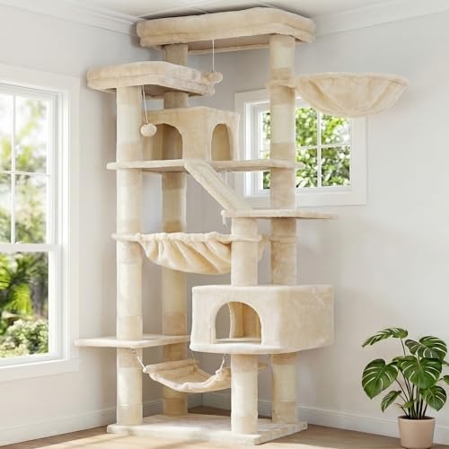 Heybly Cat Tree71-Inch Tall Tower for Indoor Cats with 2 Perches 2 Big Condos 2 Hammocks Basket Scratching PadLarge Cat Furniture and Condo Beige HCT034M