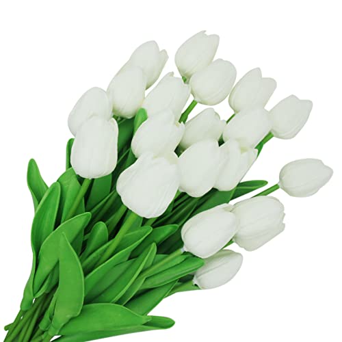 Asapbuuy Pack of 24-Real Touch Tulip Bud Bouquet Artificial Flowers Tulip Spring Flowers for Wedding Baby Shower Home Party Decoration Wedding Bridal Home Decor Holidays Garden DIY (White)
