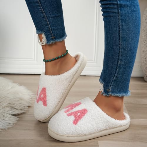 Cute Cozy Fluffy Mama Bear Slippers for Women - Pink, Soft Plush Memory Foam, Letter Print, Round Toe, Slip On, Winter, Mother's Day Gift3