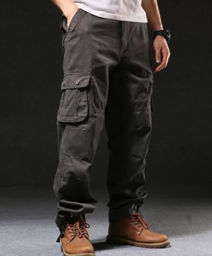 Men's Cotton Cargo Pants High Waist Loose Casual Straight Wide Leg Plus Size Streetwear Trousers with Pockets3