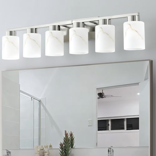 Image of 6-Light Bathroom Light Fixtures, Modern Vanity Lights, Brushed Nickel Metal Wall Lamp with White Marble Glass for Bathroom, Mirror, Living Room, Bedroom, Cabinet, Porch, Hallway, E26 Base