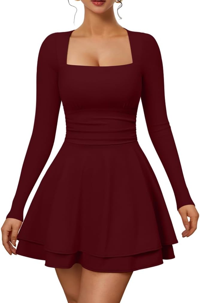 XXTAXN Women’s Sexy Long Sleeve Square Neck Flowy Hem Ruched High Waist Party Mini Dress with Side Pocket