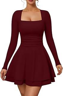 Minivestido sexy de manga larga con cuello cuadrado, dobladillo fluido, fruncido, cintura alta, con bolsillo lateral