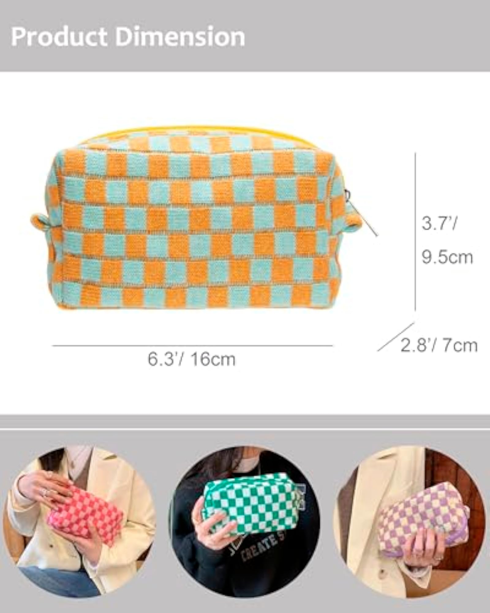 Checkered Makeup Bag for Purse, Portable Zipper Pouch