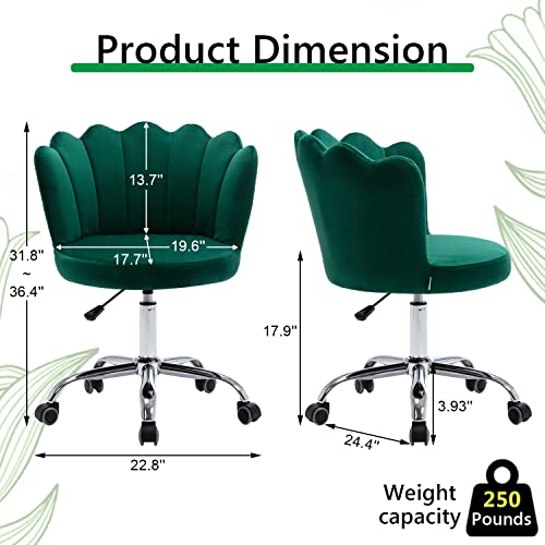 Home Office Desk Chair, Adjustable Swivel Mid Back Office Chair Velvet Upholstered Vanity Chair Cute Chair With Wheels Modern Accent Chairs For Bedroom, Living Room, Vanity Room (Green) #TOP6