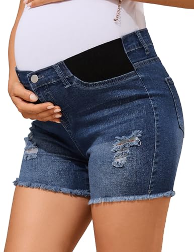 Image of PACBREEZE Women's Maternity Mid-Rise Stretch Denim Shorts Trendy Soft Frayed Hem Pregnancy Shorts, S-XXL