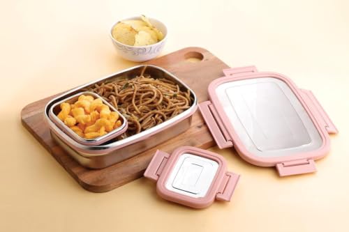 Image of Stainless Steel Lunch Box Set 1200ml (1000ml + 200ml), Leak-Proof Rectangular Tiffin Box with Mini Container, Food-Grade Lunch Box for Kids, School, Office & Travel (Pink)