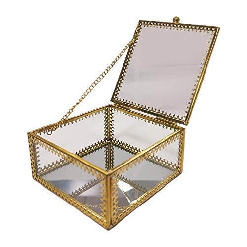Boîte à bijoux carrée en laiton doré avec bordure en dentelle, boîte à alliances, boîte à bijoux en verre transparent, boîte à bijoux vintage Cover