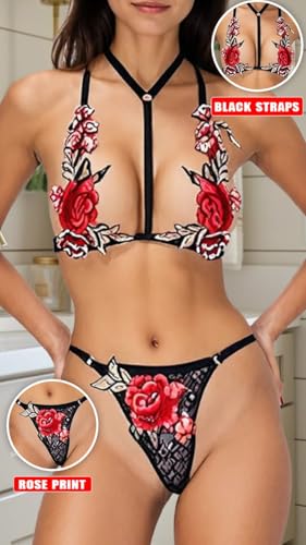 Image of Xivir Floral Embroidered Strappy Lingerie Set with Rose Applique, Black and Red, 2 Piece