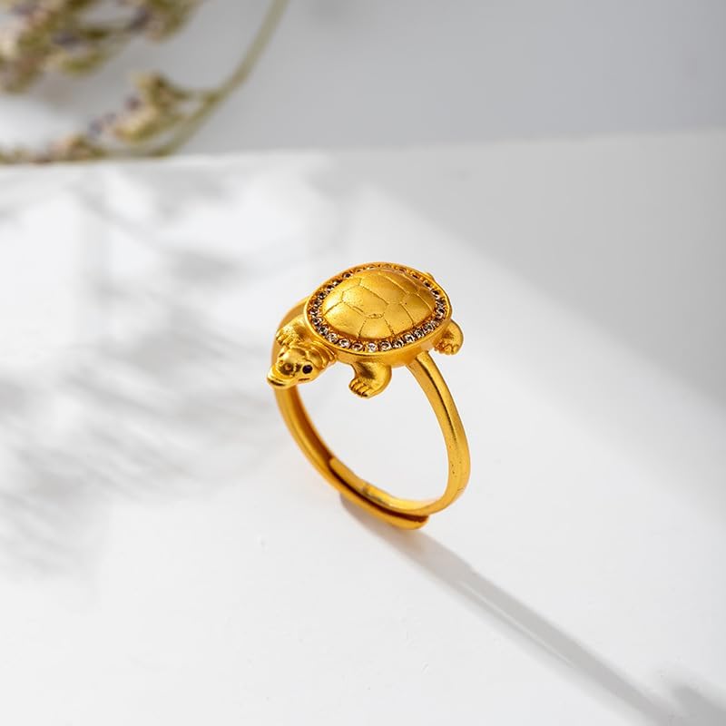 CZ Sea Turtle Adjustable Statement Band Ring for Women Gold Plated Retro Stackable Good Luck Animal Ocean Tortoise Knuckle Finger Open Rings Summer Beach Hawaii Jewelry Birthday Gift for Her Wife Mother - Image 3
