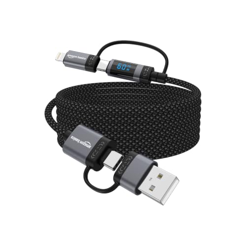 Image of amazon basics 100W Magnetic Charging Cable with LED Indicator, Self-winding, 480Mbps, 4 Ports (2 Type-C, Type-A, Apple Connector), 1.3M Length, For Laptops, Tablets, & High-power Devices (Black)