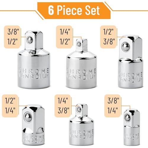 Image of DIANZHU Impact Socket Adapter and Reducer Set, 6 pcs, Silver, 1 /4 inch, 3 /8 inch, 1 /2 inch