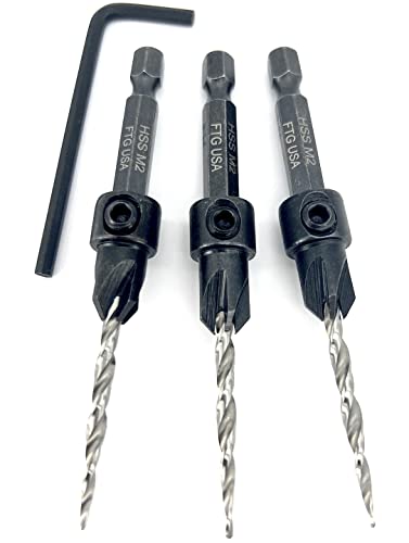 Image of FTG USA #6 (9 /64 inch) Wood Countersink Drill Bit 3-Pc Set with Hex Key | Convenient 3-pack of identical tapered bits for woodworking. Includes 1 Allen wrench hex key for easy adjustments