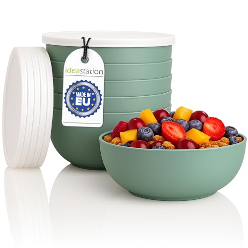 idea-station Bols à céréales avec couvercle, 6 pièces - 14 cm / 500 ml - vert-gris mat - bols en plastique incassables - bols ensemble pour cornflakes et...
