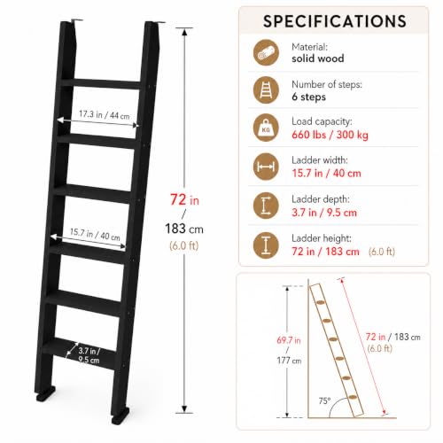 Image of 50 inch 55 inch 60 inch Black Wood Bunk Bed Ladder, Lofted /Dorm /RV Bed Bunkbed Ladders with 4in Extra Wide Steps and Non-Slip Pads, Replacement Wooden Ladder for Motorhome /Camping (Black, 72in /183cm)