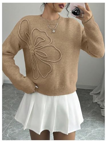 Image of RoseSeek Women's 3D Floral Appliques Crewneck Sweaters Long Sleeve Drop Shoulder Pullovers Elegant Knit Tops