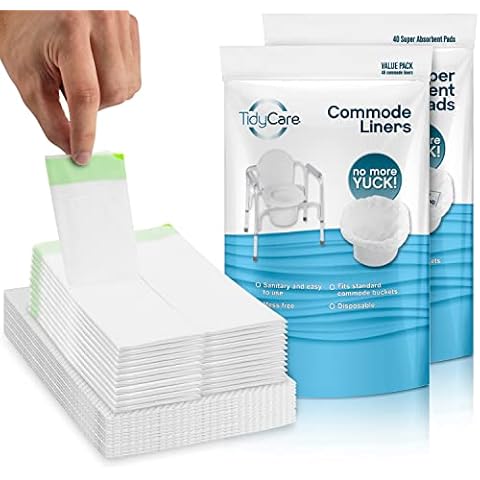TidyCare Absorbent Commode Pads and Toilet Chair Bucket Liner Bags | Value Pack of 40 Pads and 48 Waste Bags | Disposable Pads Reduce Odor from Liquid Waste | Universal Fit Bags Cover
