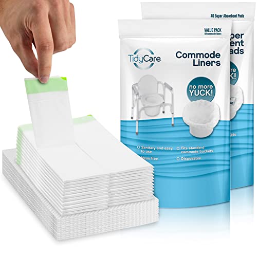 TidyCare Absorbent Commode Pads and Toilet Chair Bucket Liner Bags | Value Pack of 40 Pads and 48 Waste Bags | Disposable Pads Reduce Odor from Liquid Waste | Universal Fit Bags