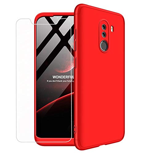 MLOTECH Coque Xioami Pocophone F1 360 Housse étui Antichoc + Verre trempé Film Protecteur Cran Full Body 3 en 1 360 Degrés PC Bumper-Rouge Cover