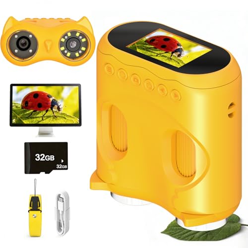 Yellow two-in-one microscope and binocular unit for kids — the 10X binoculars are the only distance optics in this lineup