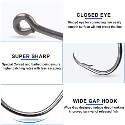 Inline Circle Hooks Saltwater, 80pcs High Carbon Steel Catfish Hooks in-Line Straight Eye Octopus Circle Hook Saltwater Freshwater Fishing Hooks for Catfish Bass 3/0