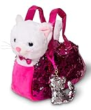 Little Jupiter Plush Pet Set with Purse - Stuffed Cat Plush Pet Carrier Set w/Reversible Sequins & Charm - (White Cat)