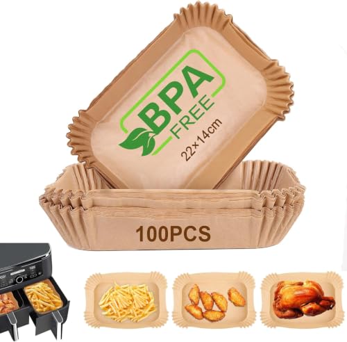 AiQInu Backpapier für Heißluftfritteuse mit Doppelkammer, 100 Stück 22x14cm Rechteckig Airfryer Backpapier Antihaft-Einweg Wasserdicht… – Ansicht 1