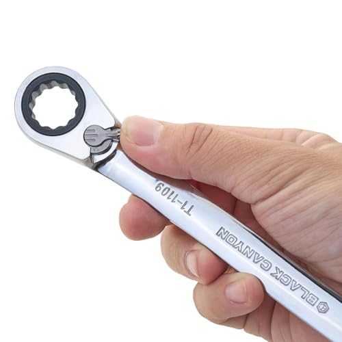 Image of BLACK CANYON 5 /8 Inch Ratchet Combination Wrench, 12-Point Box End & Hex Opening, Polished Steel Ratcheting Wrench with SAE & Metric Sizes