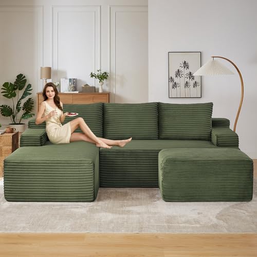 Image of 96 inch U-Shape Cloud Couch, Modern Modular Sectional L-Shape Sofa with Ottoman, Corduroy Upholstered Couches Deep Seat Sleeper Chaise Longue for Living Room, No Assembly Required(Green, Left Facing)