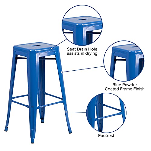 Emma + Oliver Commercial Grade 30" H Backless Blue Metal Indoor-Outdoor Barstool, Square #TOP2