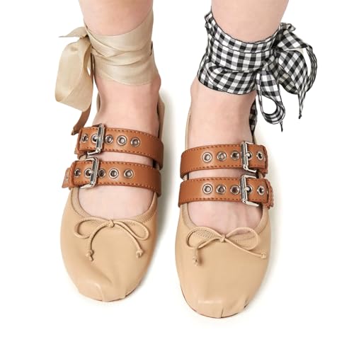 Lace up Ballet Flats Shoes for Women Slip on Round Toe Bow Ballerina Shoes with Adjustable Buckles Dress Cute Flats Shoes2