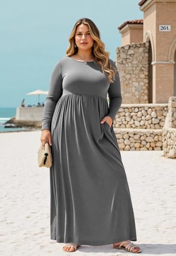 Image of Nemidor Plus Size Maxi Dress for Curvy Women Fall Casual Loose Long Sleeve Dresses with Pocket 14-26