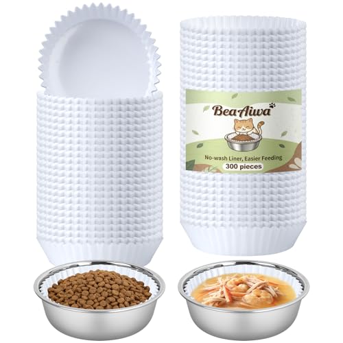 Bulk Disposable Cat Bowls Set (300 Pcs Cat Food Bowl Liners + 2 Pcs Stainless Steel Pet Bowls) Small Paper Bowls for Puppies Kittens Small Dogs and Cats Ideal for Dry and Wet Food (White Classic)