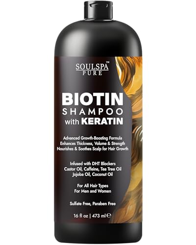 SOULSPA PURE Biotin Shampoo with Keratin - Advanced Anti-Thinning, Hair Growth & Repair Formula - Soothes Scalp, with Tea Tree Oil & DHT Blockers - Strong, Healthy Hair for Men & Women - 16 fl oz