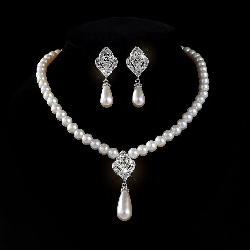 Pearl Necklace and Earring Set for Women,Pearl Jewelry Set Fake Pearls Necklace Imitation Beaded Collar de Perlas Para Mujer Necklaces for Prom Bridesmaid Costume Accessories - Image 6