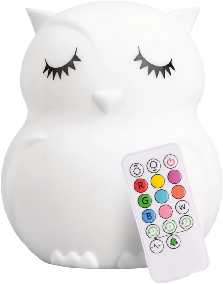Remote Control Silicone Night Light for Kids - Owl Design with 9 Soft Colors & Sleep Timer - Rechargeable, Battery-Operated Lamp for Bedroom | Baby Nursery, Toddler, Girls, Boys