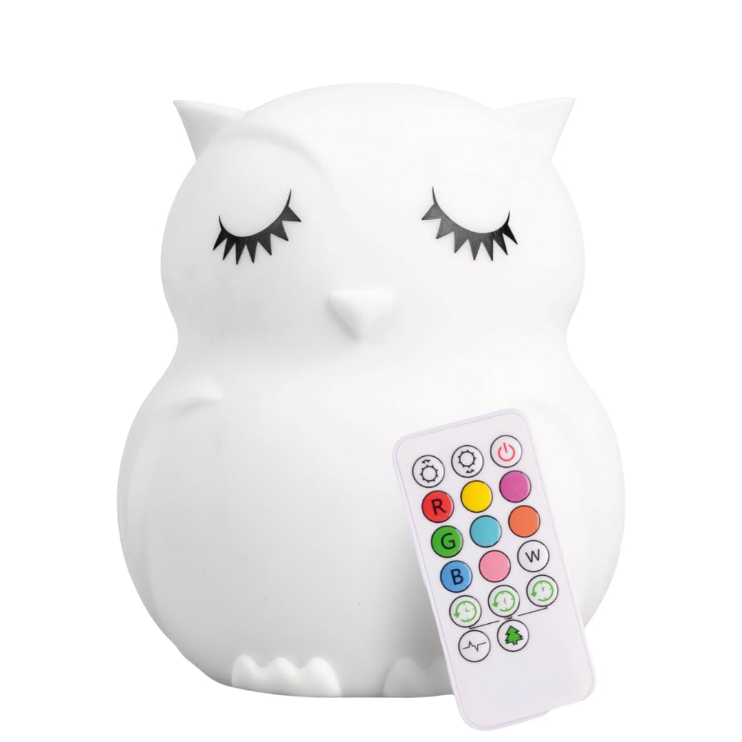 Lumipets Remote Control Silicone Night Light for Kids - Owl Design with 9 Soft Colors & Sleep Timer - Rechargeable, Battery-Operated Lamp for Bedroom | Baby Nursery, Toddler, Girls, Boys