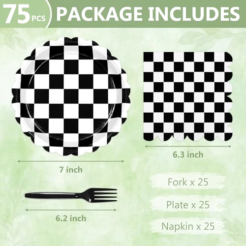 Image of 75 Pcs Black Checkered Paper Plates and Napkins&Forks for Party, 7inch