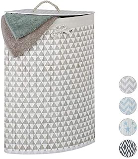 Relaxdays Bamboo Corner Hamper, Folding,Triangles, 60L, Lidded, Laundry Bag, 65.5 x 49.5 x 37 cm, Beige-Grey