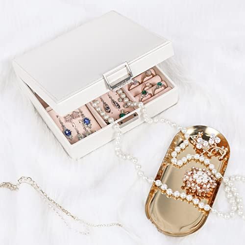 Tikea Jewellery Box Organiser for Women Girls, PU Leather jewellery Organiser with Mirror, Travel Jewellery Case for Necklaces Earrings Rings Watch Birthday Gift, White