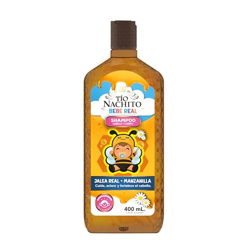 TIO NACHITO SHAMPOO 2 en 1, Cabello y Cuerpo. CUIDA, ACLARA y FORTALECE el cabello. Con jalea real y extracto de manzanilla. HIPOALERGENICO. Botella 400ml.