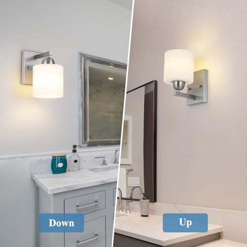 Image of Mecgirn Brushed Nickel Milk Glass Wall Sconces, 1 Pack Hardwired Indoor Wall Light Fixtures for Living Room, Hallway, Bedroom, Ceramic E26 Sockets (Bulbs Not Included)