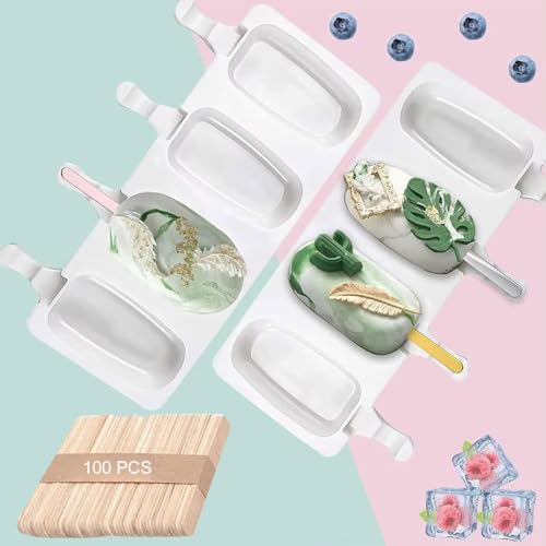 Moldes de Helado,8 Pack Juego de Moldes para Polos, 2 Unidades Molde de Silicona para Helados de Chocolate, con 4 Cavidades y 100 Palos de Madera, sin BPA Helado DIY