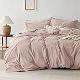 Bedsure 100% Washed Cotton Duvet Cover Queen Size - Petal Pink Minimalist Cotton Duvet Cover Linen Like for All Seasons - GentleSoft™ Plain Simple Bedding (Petal Pink, Queen, 90'x90')