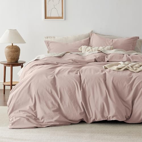 Bedsure 100% Washed Cotton Duvet Cover Queen Size - Petal Pink Minimalist Cotton Duvet Cover Linen Like for All Seasons - GentleSoft™ Plain Simple Bedding, 3 Pieces (Petal Pink, Queen, 90