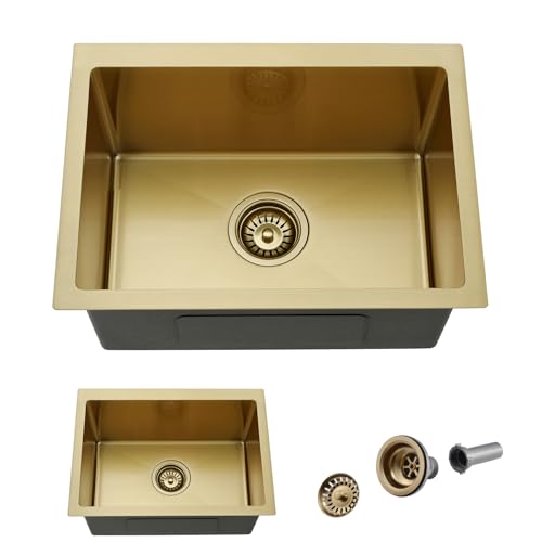 WMXQX Gold Undermount Kitchen Sink, 22x16 Gold Kitchen Sink Undermount Utility Sinks Stainless Steel 18 Gauge Single Bowl Wet Bar Sinks with Basket Strainer