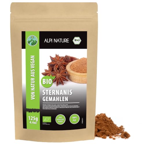Alpi Nature Anis Estrellado Orgánico Molido 125g, Vainas de Anís Estrellado Molidas para Cocinar y Vino Caliente