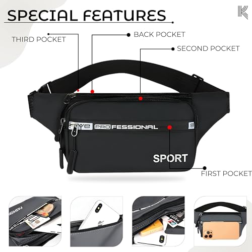 Image of Kraptick Premium Unisex Waist Bag for Men and Women - Stylish Chest Bag, Fanny Pack, Running Waist Pack (Black)
